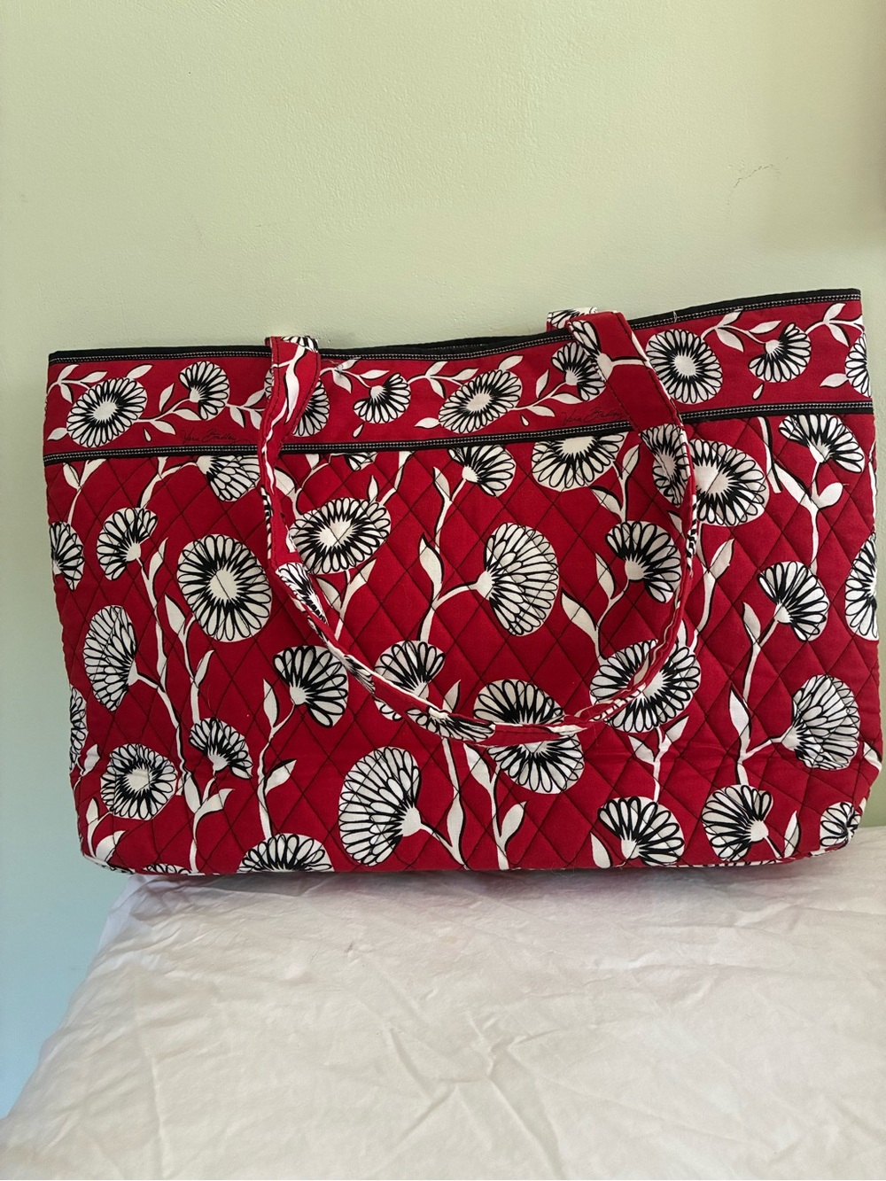 Vera Bradley Red Quilted Floral Tote with Black & White Blooms